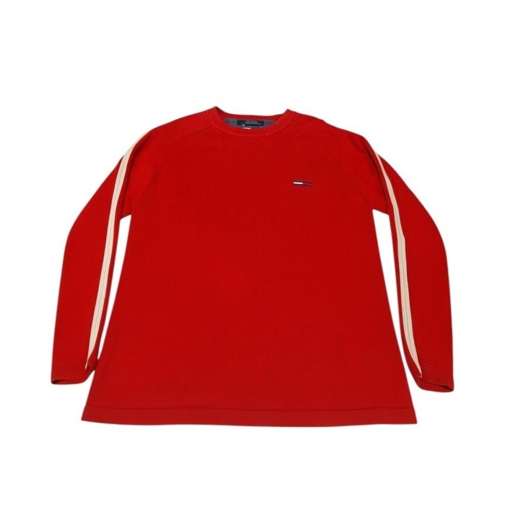 Y2K Vintage Tommy Jeans Mens Red Crewneck Sweater White Sleeve Stripe Logo XL